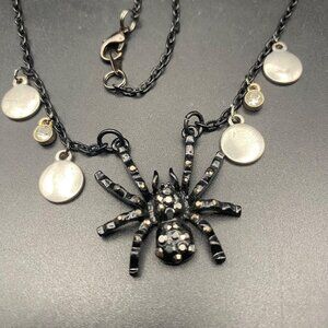 Gothic Black Spider Necklace Rhinestones Halloween Statement 28" Disc Charm Punk